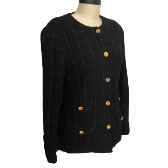 Vtg Military Academia Window Pane Textured Knit Black Gold Knit Blazer - Picture 8 of 16